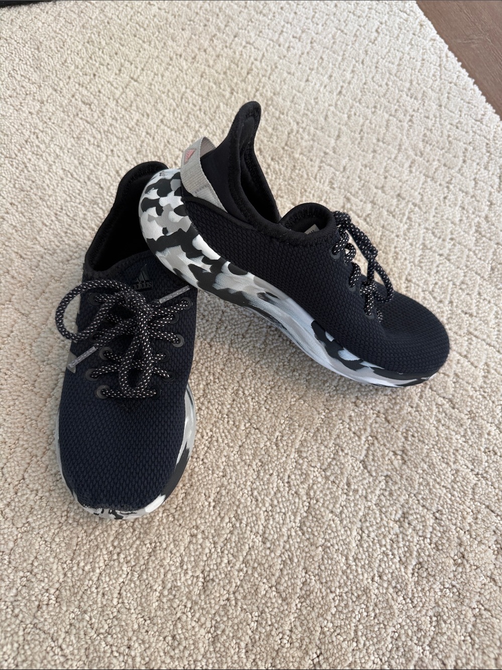 adidas Black Knit Sneakers with Black-and-White Patterned Sole